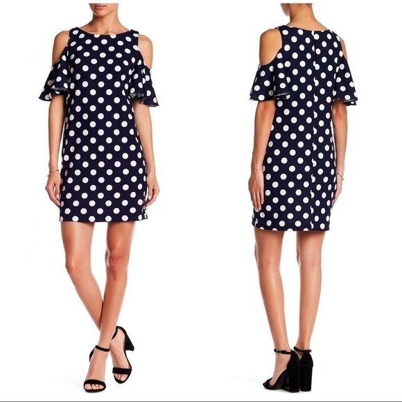 ELIZA J NAVY & WHITE POLKA DOT COLD SHOULDER FLUTTER SLEEVE DRESS - Picture 1 of 8